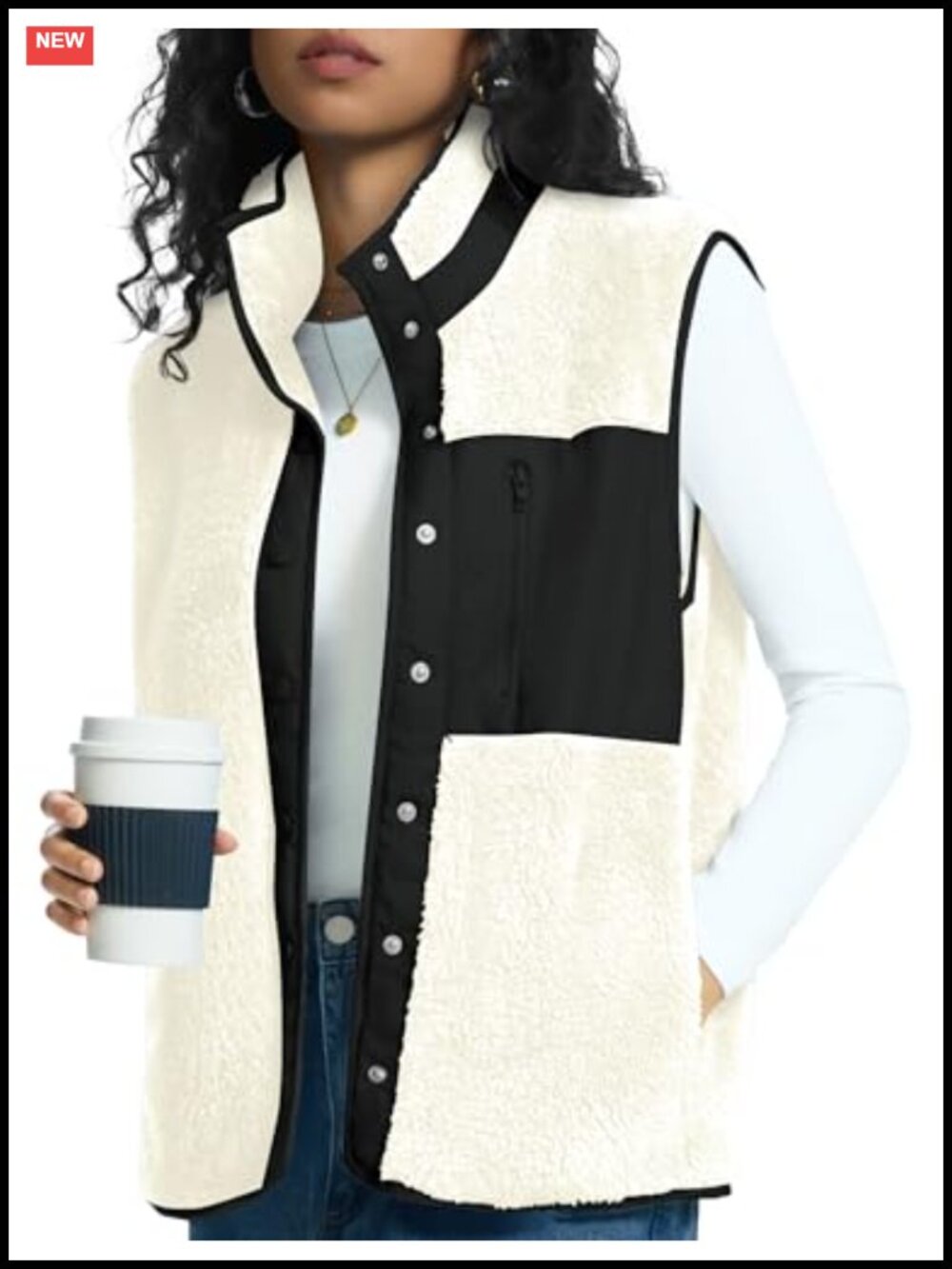 Fleece Vest Women Snap Button Sherpa Sleeveless Stand Collar Fall Winter